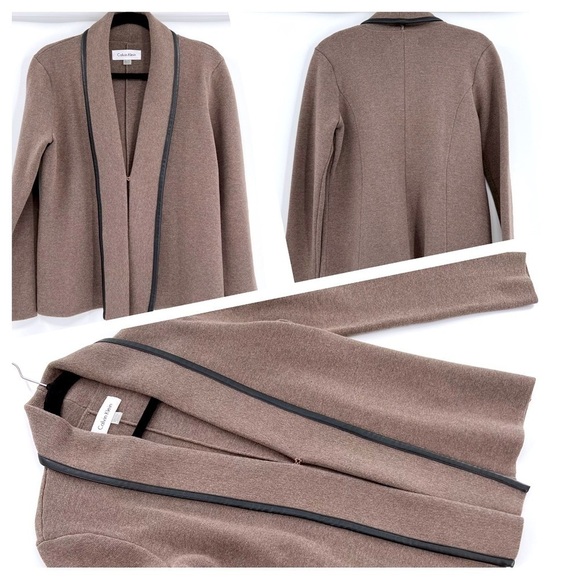 Calvin Klein Women's sz M Taupe/Black Open Front Knit Cardigan Faux Leather Trim - Picture 13 of 13